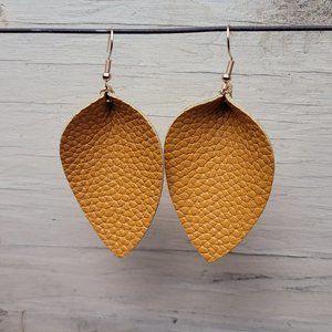 Folded Leaf Leather Earrings - Mustard